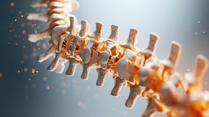 Close-up of a human spine model showing detailed vertebrae structure on a gradient background with glowing particles.