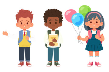 Three cute school children with backpacks, a book and balloons