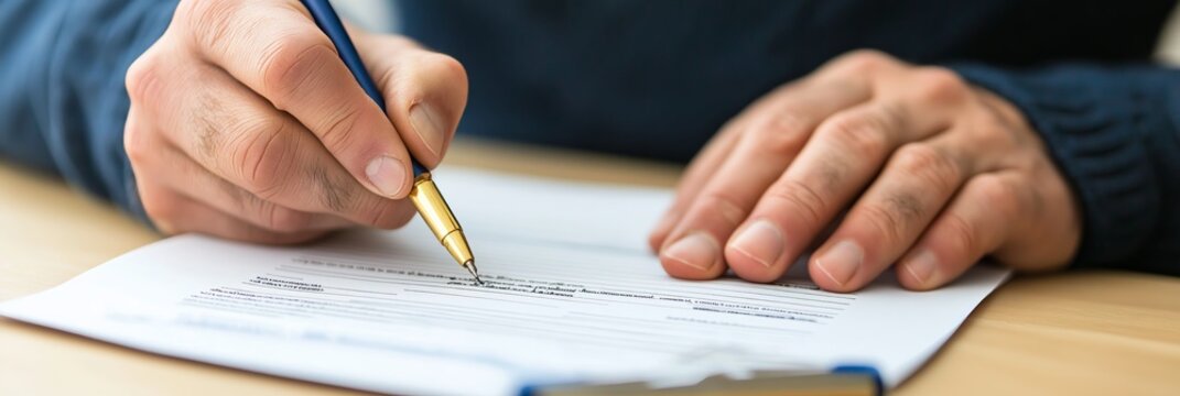 Close-up of a person's hand holding a pen and signing a document, emphasizing the importance of the action.