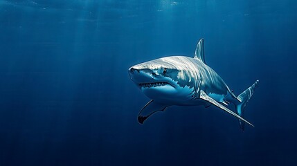 Fototapeta premium A majestic great white shark swims through the ocean