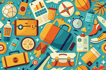 This image features a seamless pattern of various travel-related items and supplies spread out, including suitcases, notebooks, sports gear, and travel essentials.
