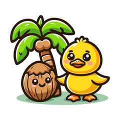 cute duck and coconut tree cartoon icon character