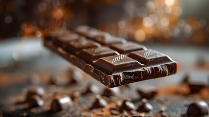Closeup of a Dark Chocolate Bar in Mid-Air Above Chocolate Chips, Realistic Image