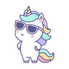 Naklejka premium cute unicorn wearing sunglasses cartoon icon character