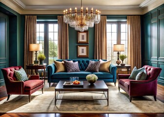 Fototapeta premium Modern Classicism: Contemporary, Refined, Symmetrical, Rich Fabrics, Jewel Tones
