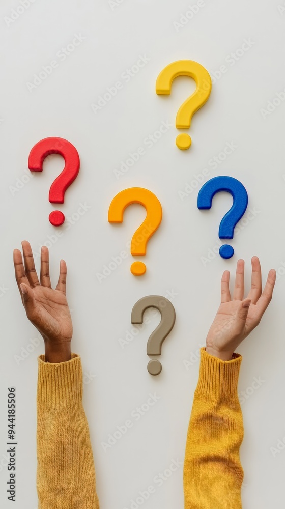 Poster two hands raised under five colorful question marks on a white background. concept of decision-makin