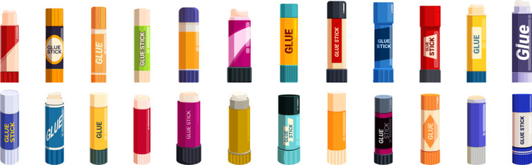 Glue stick icons set. Set of different colorful glue sticks with cap on, for school or office