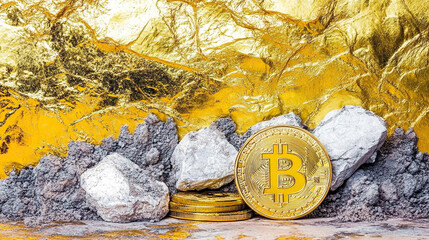 close-up of golden Bitcoin coins on a gold background