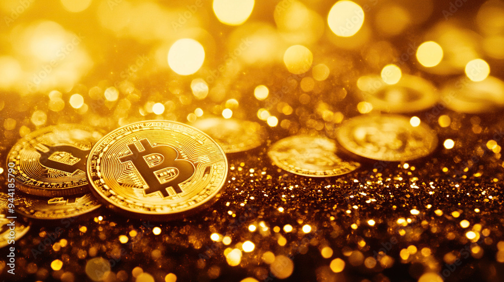 Wall mural close-up of golden Bitcoin coins on a gold background