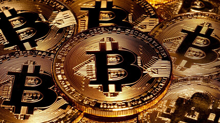 Naklejka premium close-up of golden Bitcoin coins on a gold background