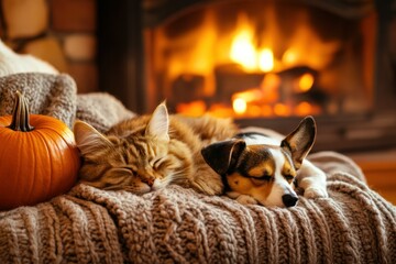 Cat and Dog Sleeping Near a Fireplace with a Pumpkin