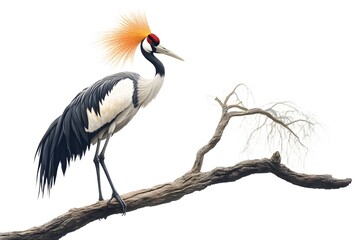 Grey Crowned Crane Bird, Perched on a Branch with White Background, Photo Realistic, Wallpaper, Cover and Screen for Smartphone, Cell Phone, Computer, Laptop, 9:16 and 16:9 Format