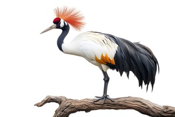 Obraz premium Grey Crowned Crane Bird, Perched on a Branch with White Background, Photo Realistic, Wallpaper, Cover and Screen for Smartphone, Cell Phone, Computer, Laptop, 9:16 and 16:9 Format