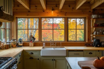 Rustic Kitchen with Fall Foliage View
