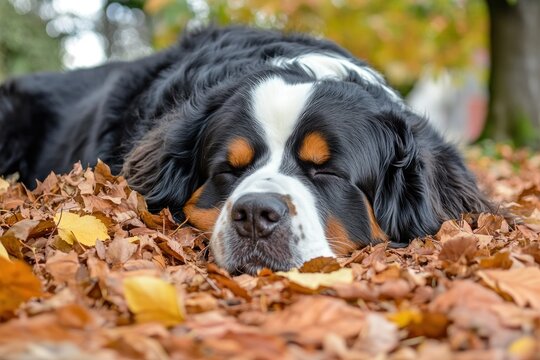 Bernese Mountain Dog Sleeping in Autumn Leaves