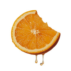 A bright orange slice with a bite taken out displays its juicy interior while droplets of juice fall beneath it, perfect for recipes. Transparent background PNG