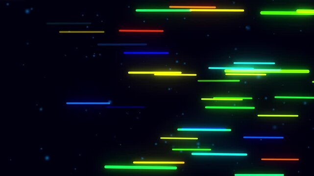 Multicolor abstract radial lines geometric background. Data flow. Motion effect. Seamless texture technology with horizontal neon rays and stripes. Print design template with neon lights. 4K animation