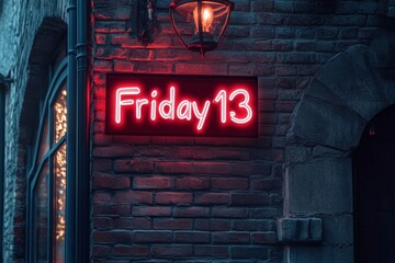 Mysterious Friday 13 Neon Sign Illuminating a Dark Brick Alleyway