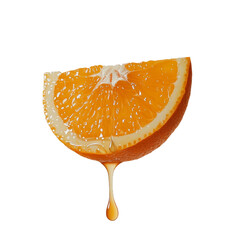 A vibrant orange slice oozes fresh juice, highlighting its juicy texture and bright color against a clear background. Transparent background PNG