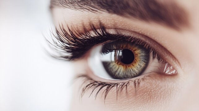 A close up of an eye with thick eyelashes