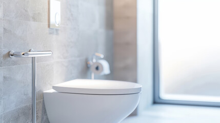 Modern bathroom featuring a sleek toilet and stylish design elements, illuminated by natural light for a fresh and clean ambiance.
