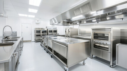 Modern commercial kitchen equipped with stainless steel appliances and ample workspace for culinary activities.