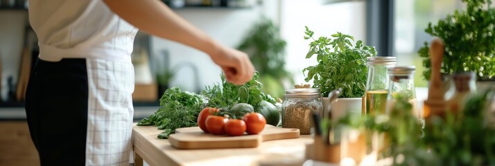 Individual in kitchen chopping diverse fresh vegetables, showcasing healthy food preparation and culinary creativity.