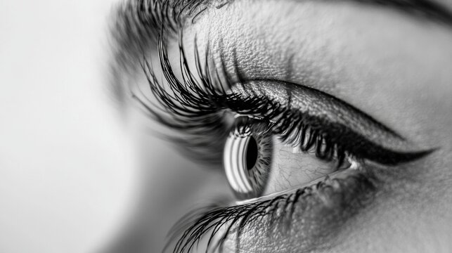 A close up of an eye with thick eyelashes