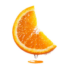 A vibrant orange segment is shown, with fresh juice dripping from its rounded edge, perfect for use in culinary graphics and design. Transparent background PNG