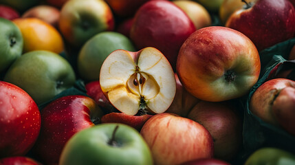 Apple core leftover among heap of fresh red