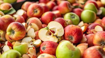 Apple core leftover among heap of fresh red