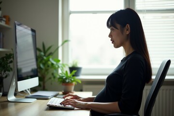 photo of pregnant woman working sitting at her desk in her office, generative AI