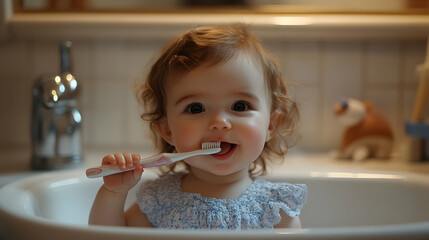 A little baby girl brushes her teeth