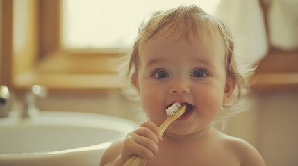 A little baby girl brushes her teeth