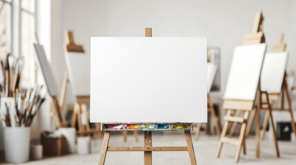 A blank canvas on an easel in an art studio, ready for creative expression and artistic inspiration.