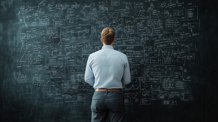 Man in front of a blackboard filled with complex mathematical diagrams and equations