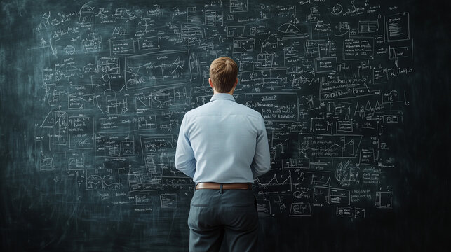 Man in front of a blackboard filled with complex mathematical diagrams and equations