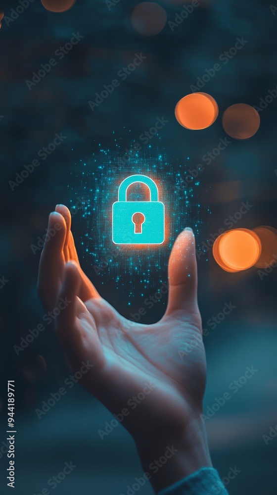 Aufkleber hand holding a glowing blue lock icon with a bokeh background, symbolizing cyber security and data p