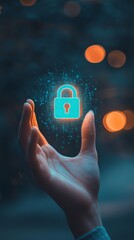 Hand holding a glowing blue lock icon with a bokeh background, symbolizing cyber security and data protection