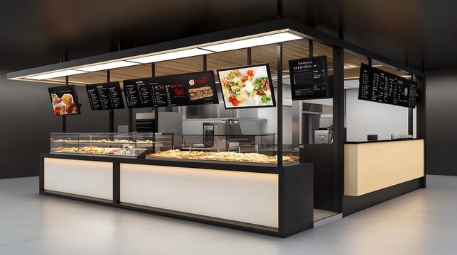 Modern Food Kiosk with Display Screens and Menu