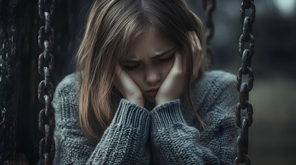 A young girl in a sweater sits on a swing
