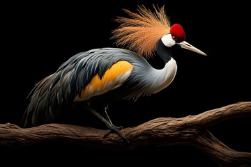 Fototapeta premium Grey Crowned Crane Bird, Perched on a Branch with Black Background, Photo Realistic, Wallpaper, Cover and Screen for Smartphone, Cell Phone, Computer, Laptop, 9:16 and 16:9 Format
