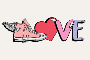 Retro Love Slogan Graphic with Winged Sports Shoes, Vector,Hand Drawn Illustration