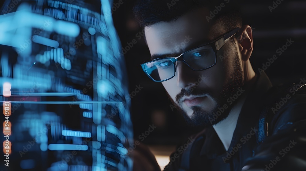 Poster A man in glasses intently looks at a computer screen displaying blue data.