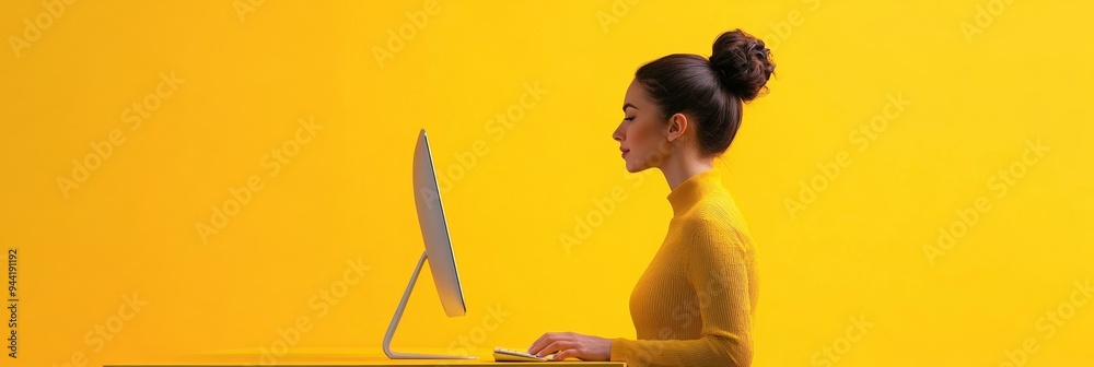 Poster Profile of a woman working at a computer in a vibrant yellow room. Dynamic and modern workspace for creative professionals.