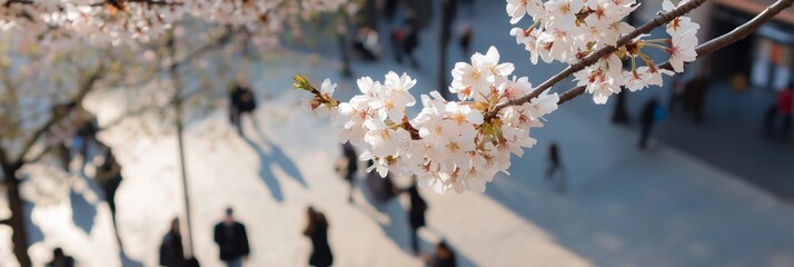 Cherry blossoms in focus with a bustling urban crowd below, capturing the essence of nature in a busy city.