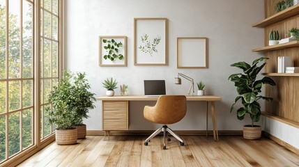 Minimalistic home office with wooden desk and plants near bright window. modern interior design decor.