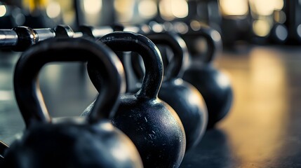 Close up background image of kettlebells in row on equipment rack in weight training gym copy space