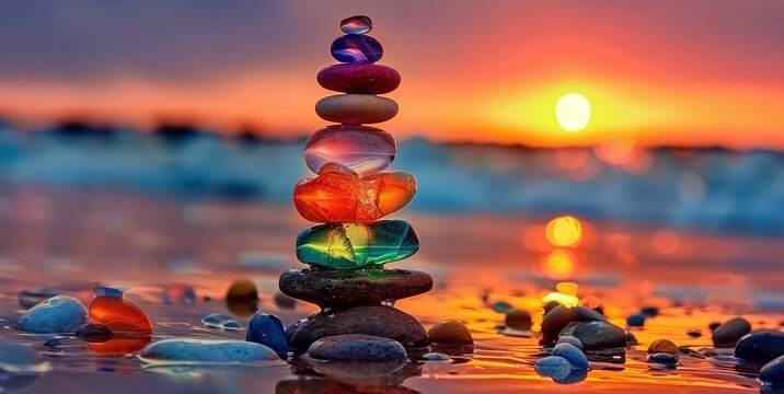 Colorful Glass Stones Stacked on Beach at Sunset