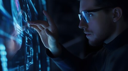 Man in glasses interacts with digital display.